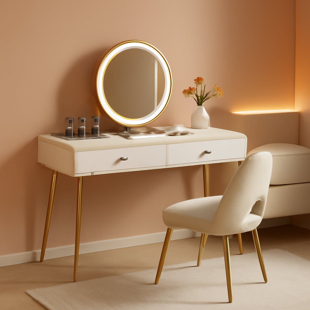 Beige Faux Leather Vanity Desk With Mirror Lighting