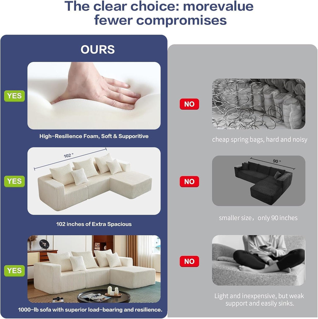 102 Inch Beige Cloud Lounge Sectional Sofa Oversized Seat