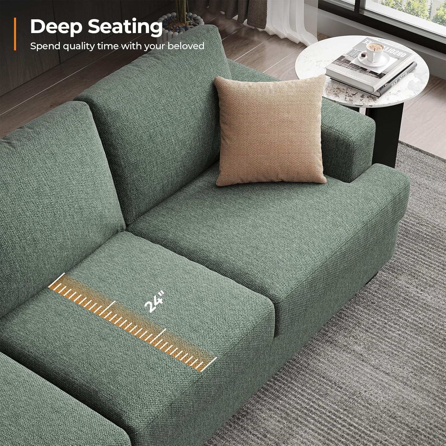 89 Inches Oversize Three Seater Sofa Green Upholstery