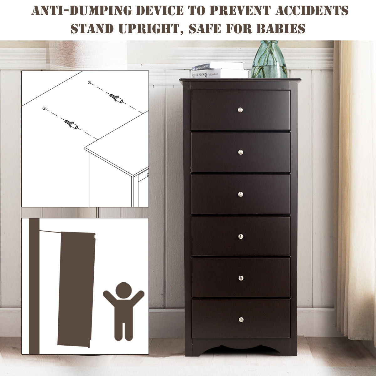 NNECW 6 Drawer Chest with Mental Knobs for Living Room-Brown