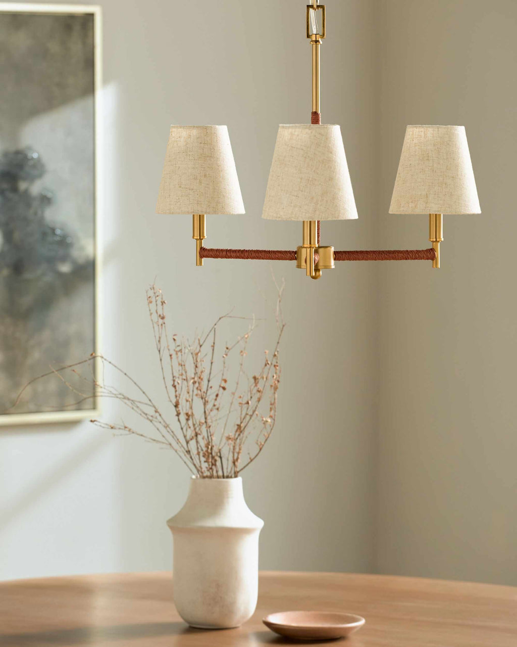 Rich Gold Modern Chandelier with linen details for dining or living rooms
