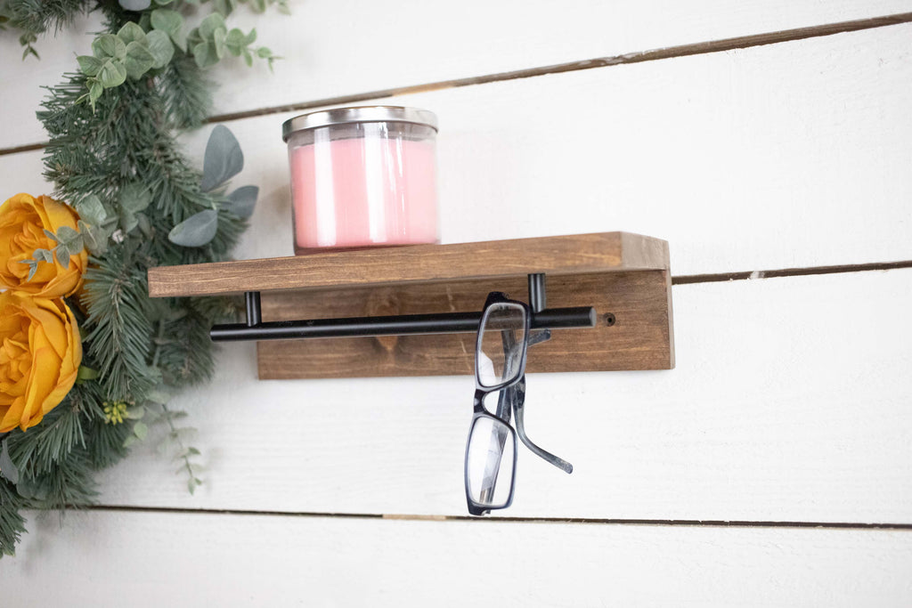 Floating Solid Wood Shelf with Metal Rail, Easy Install Minimalist Shelf with Towel Bar