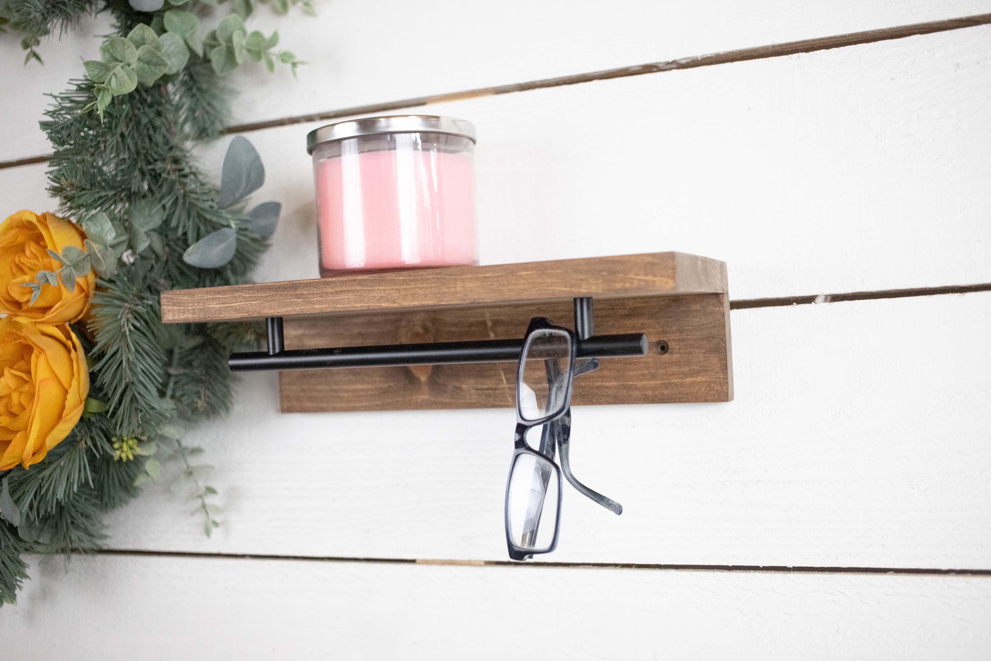 Floating Solid Wood Shelf with Metal Rail, Easy Install Minimalist Shelf with Towel Bar