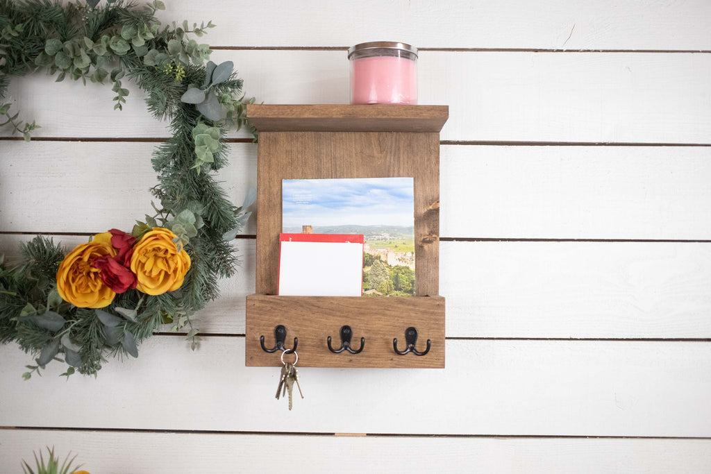 Wall Mounted Wooden Home Organization Center, Mail Holder, Shelf with Coat Hooks
