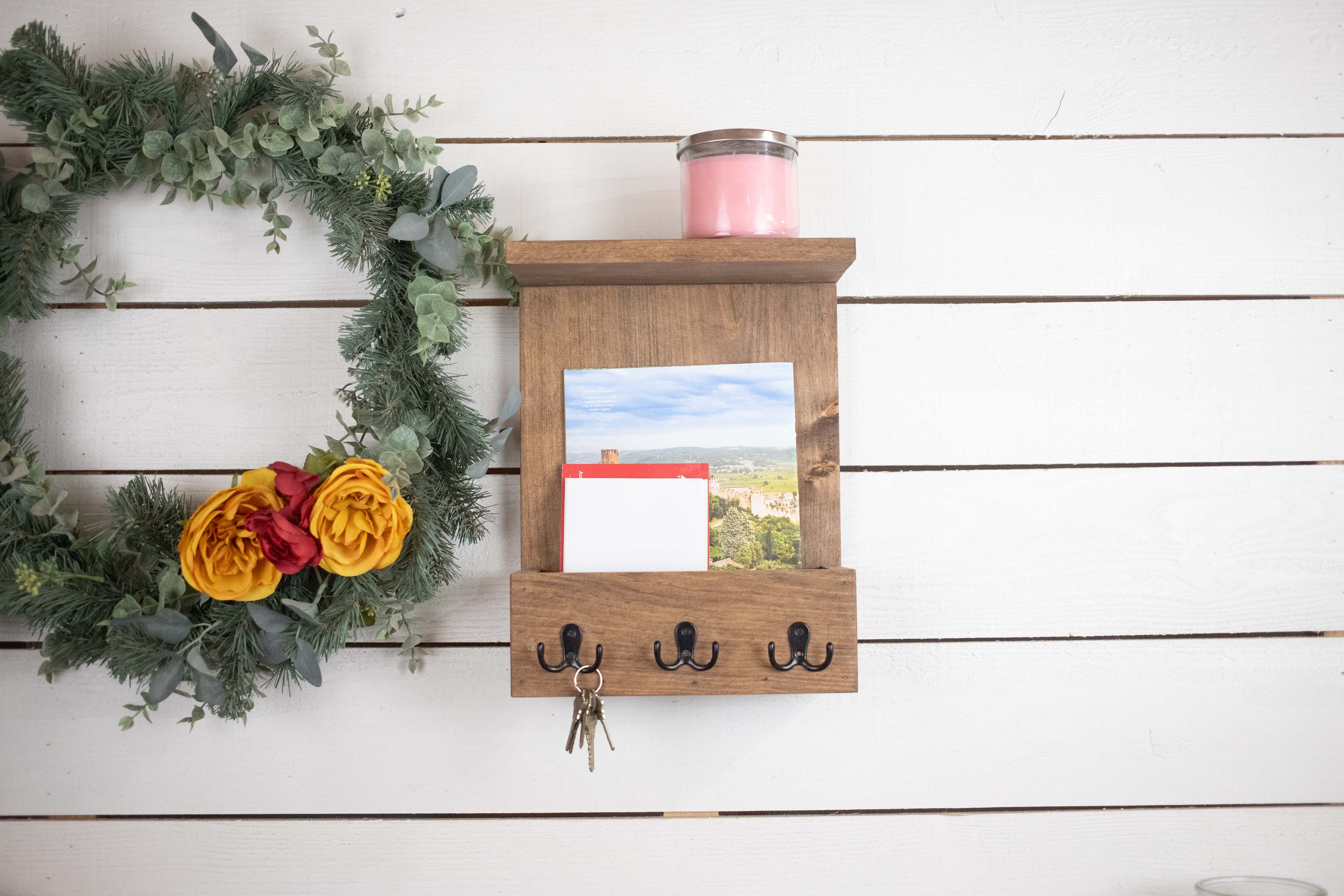 Wall Mounted Wooden Home Organization Center, Mail Holder, Shelf with Coat Hooks