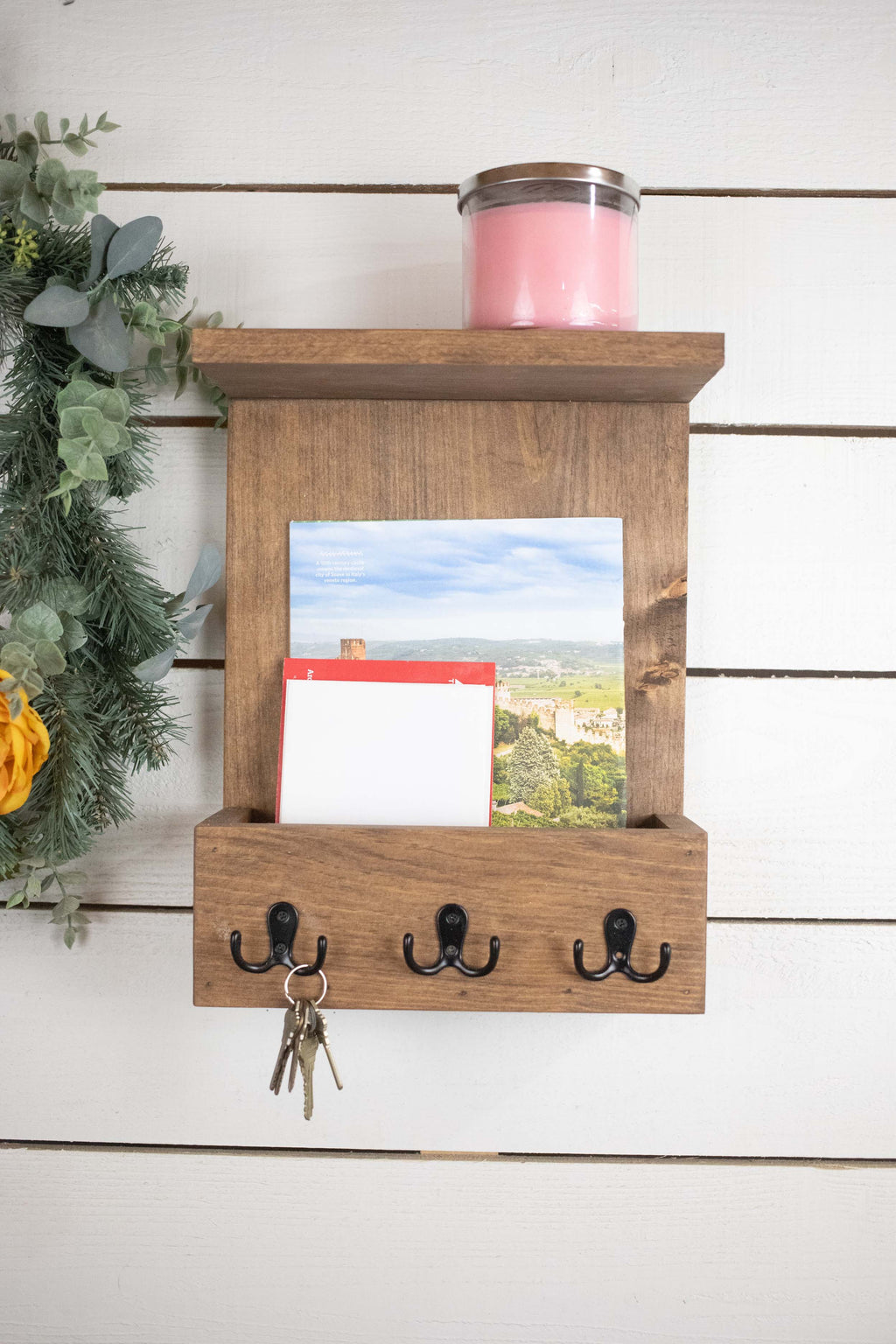 Wall Mounted Wooden Home Organization Center, Mail Holder, Shelf with Coat Hooks
