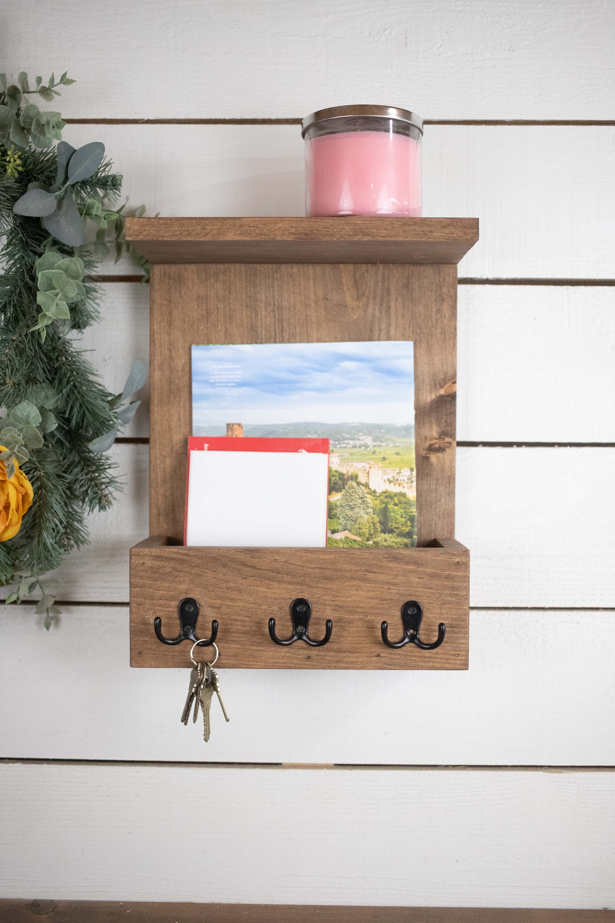 Wall Mounted Wooden Home Organization Center, Mail Holder, Shelf with Coat Hooks