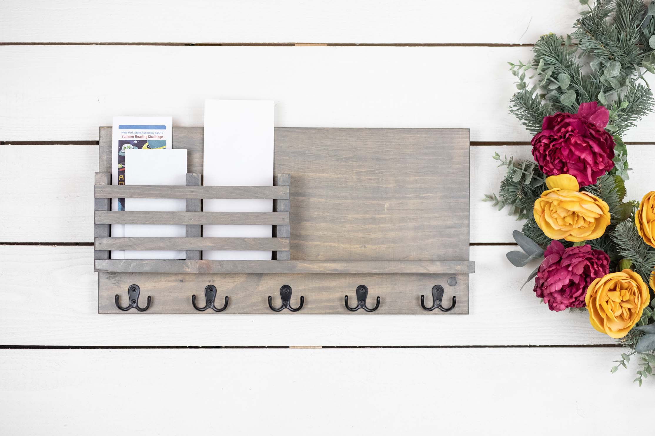 Easy Install Wall Mounted Entryway Organizer, Solid Wood Mail and Key Holder with Shelf