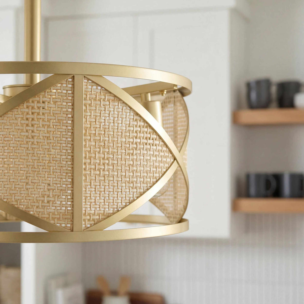 Tan Coastal Chandelier with rattan details for dining or living rooms